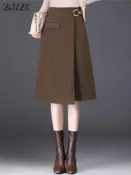 ZUZK Women High Waist Woollen A-Line Skirt Autumn Winter Lady's Thickened Skirt Office Lady Fashionable Asymmetrical Skirt