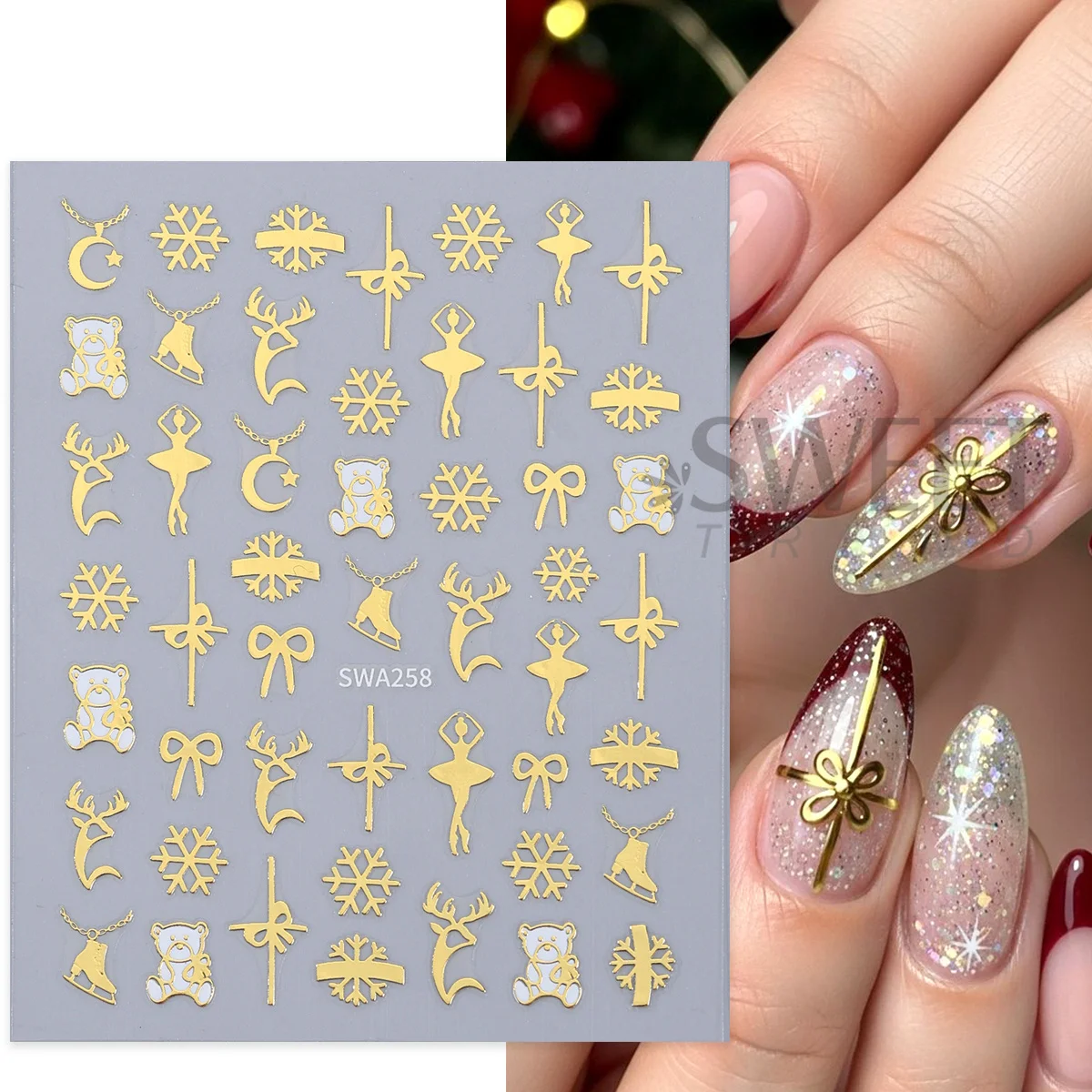 4pcs Bronzing Christmas Nail Art Sticker Metal Rose Gold Elk Bow Bear Dancer Sakura Shimmer Decals Winter Japanese Manicure Foil