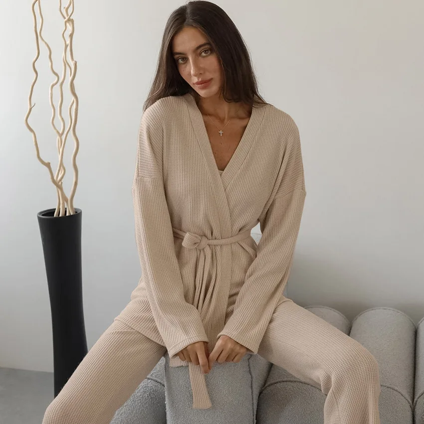 NHKDSASA Autumn 3 Piece Set Long Sleeve Womens Sleepwear New Breathable O-neck Womens Lounge Wear