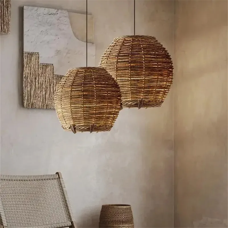 Southeast Asian Rattan Lantern pendant Light Hand-Woven Lamps Restaurant Dining Room Rustic Counter Kitchen Island Lights