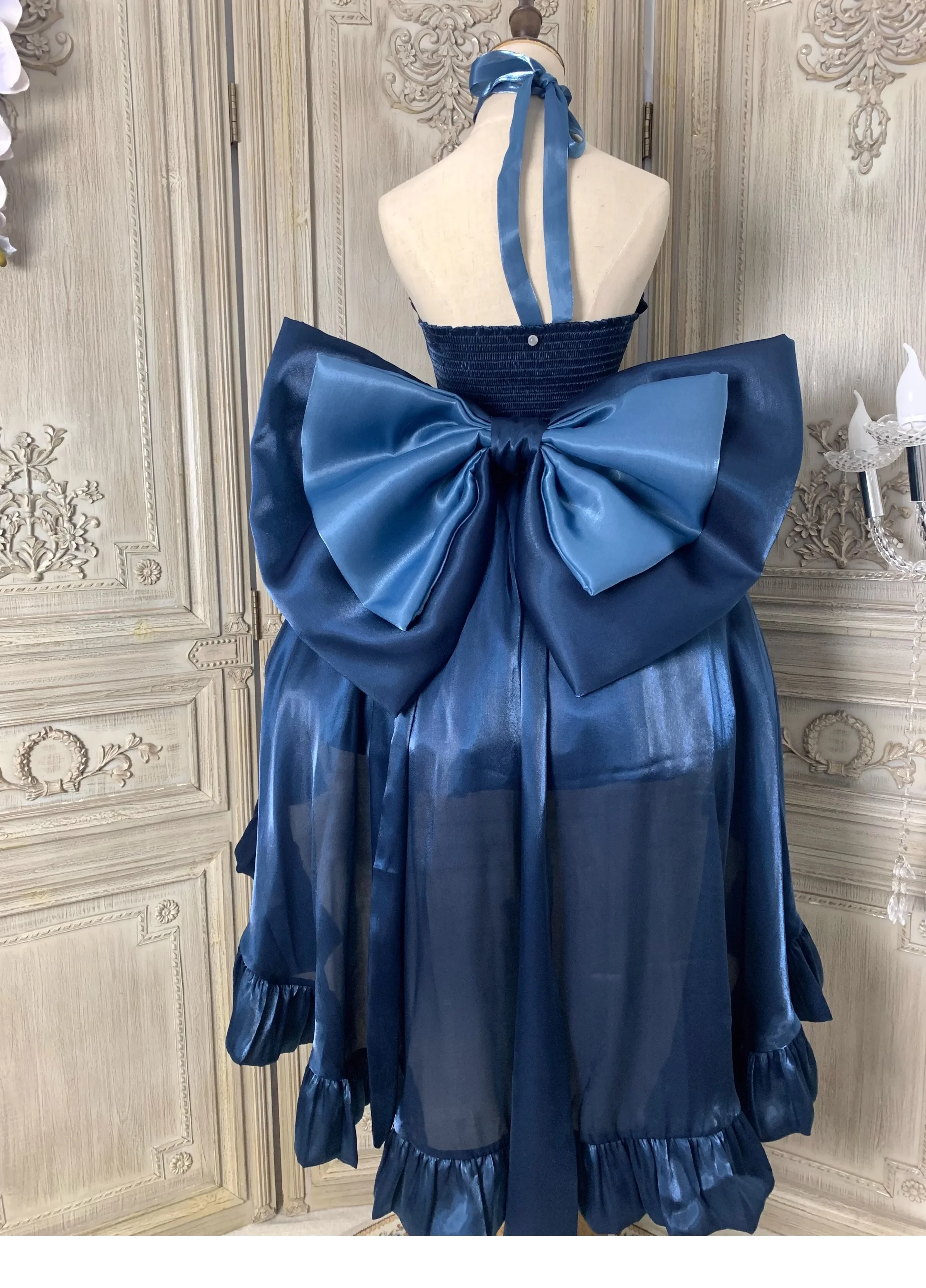 Lolita Princess Blue Pettiskirt Dress Sleeveless High Waist Slim Fit Back Big Bow Long Trailing Strapless Short Dress for Women