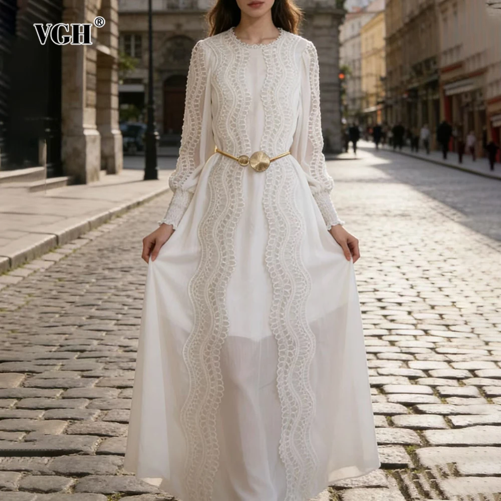 Sukienka damska VGH Solid Gentel Style, patchworkowa, z metalowymi szarfami, dekolt okrągły, rękawy typu lampion, prześwitująca koronka, elegancka, długa, nowa.