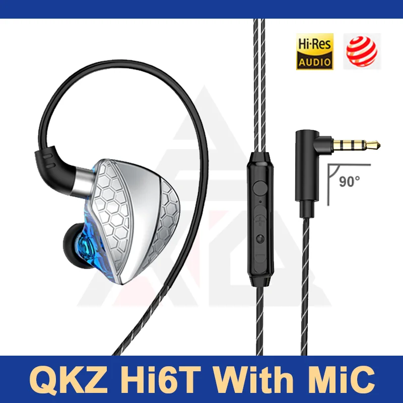 Оригинальные проводные наушники QKZ Hi6T 3,5 мм, Hi-Fi наушники-вкладыши с углом 90 ° и микрофоном, музыкальные наушники с объемным звуком, наушники-вкладыши для телефона QKZ