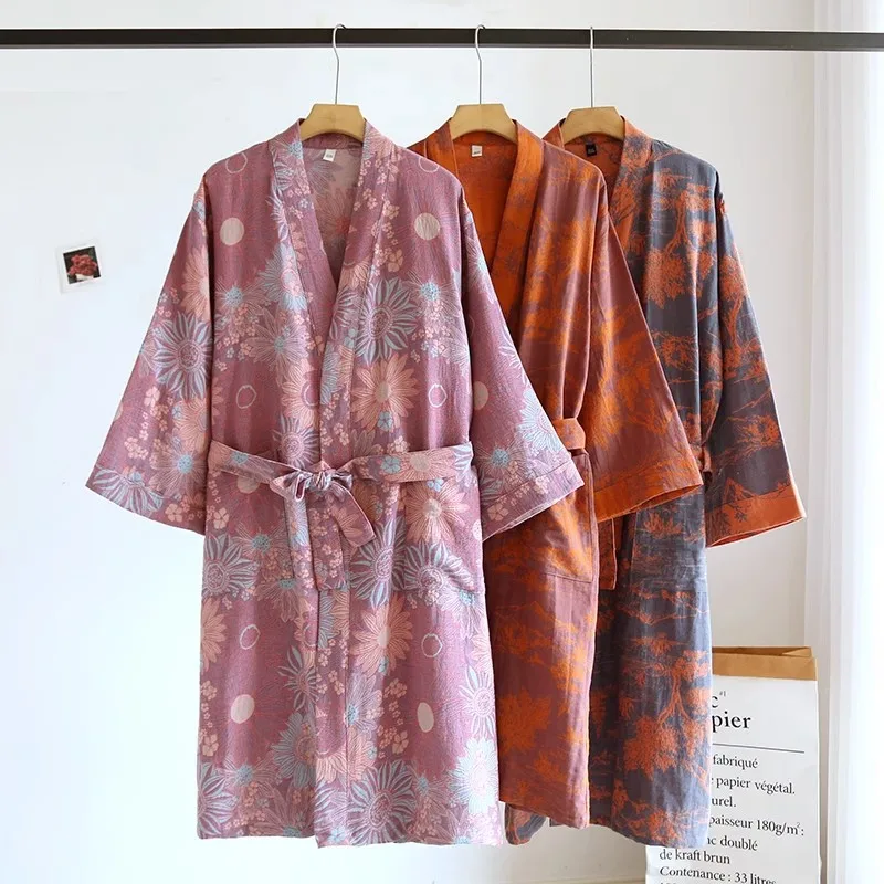 

Couple Belt Nightgown Men Plus Size 100% Cotton Gauze Jacquard Pajamas Cotton Loose Womens Bathrobe Shower Robe