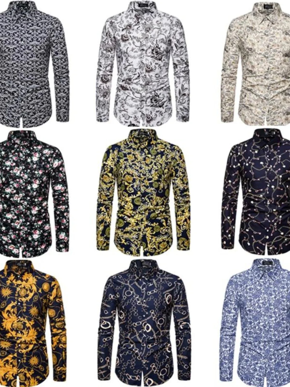 

Vintage Floral Lapel Bule Long Sve irt Button up Collar Slim Fit Fce Autumn Men's Faion Casual Busin irt