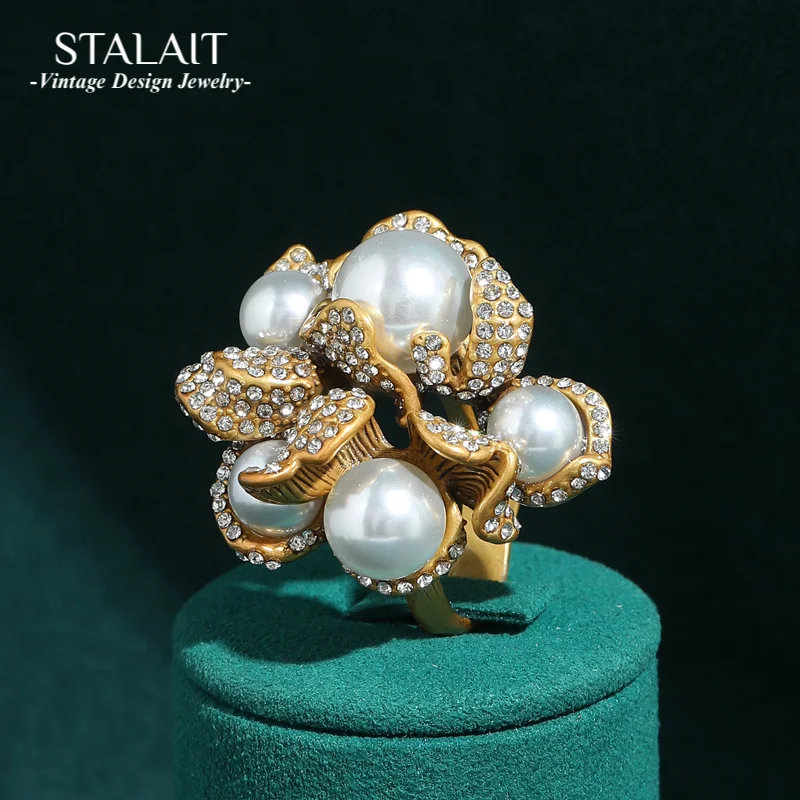 

Vintage Gold Color Pearl Ring Adjustable Rhinestones Heart Accessories For Woman Luxury Quality Jewelry Finger Party 2025