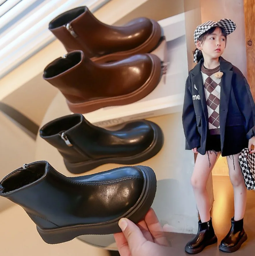 Children Fashion Boots Simple Girls Chelsea Ankle Boot Black Kids Short Leather Boots Side Zipper Thick Bottom Autumn Shoes