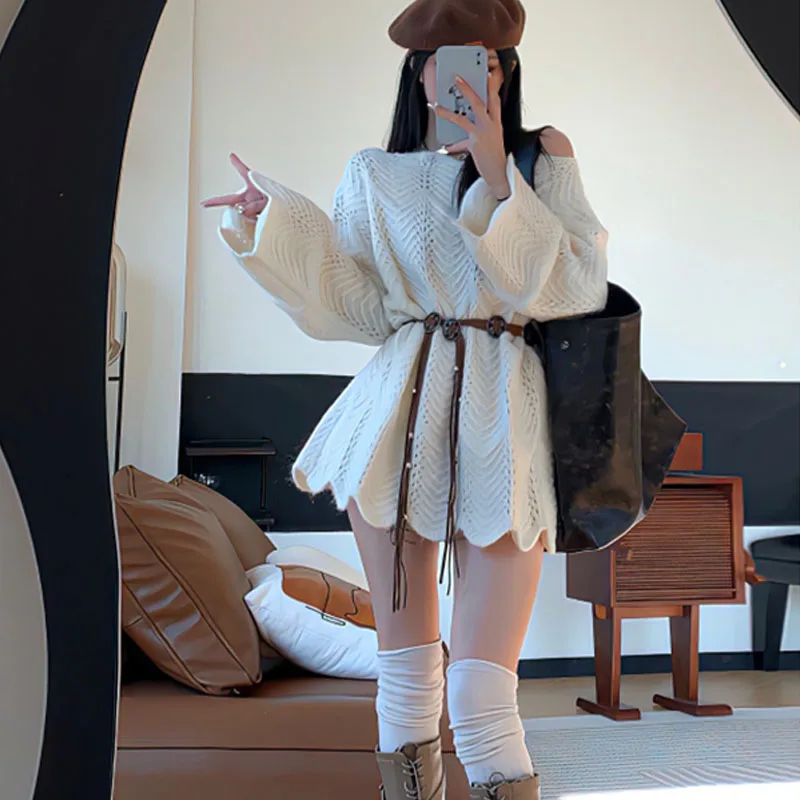 بلوزة محبوكة مجوفة على شكل زهرة غير منتظمة عصرية ومثيرة، سترة طويلة فضفاضة مكشوفة الكتف