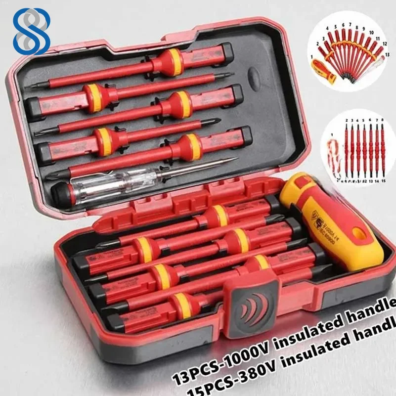 Electrician Repair Tools Kit 15pcs 1000V Changeable Insulated Screwdrivers Set with Magnetic Slotted Phillips Pozidriv Torx Bits