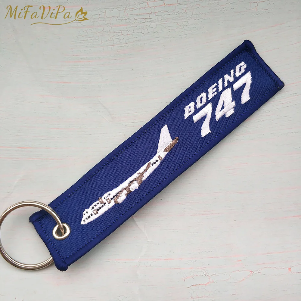 MiFaViPa Embroidery Boeing 747 Keychains Phone Strap Black Red Aviation Key Chains for Pilot Gifts Flight Crew Keyring Tags