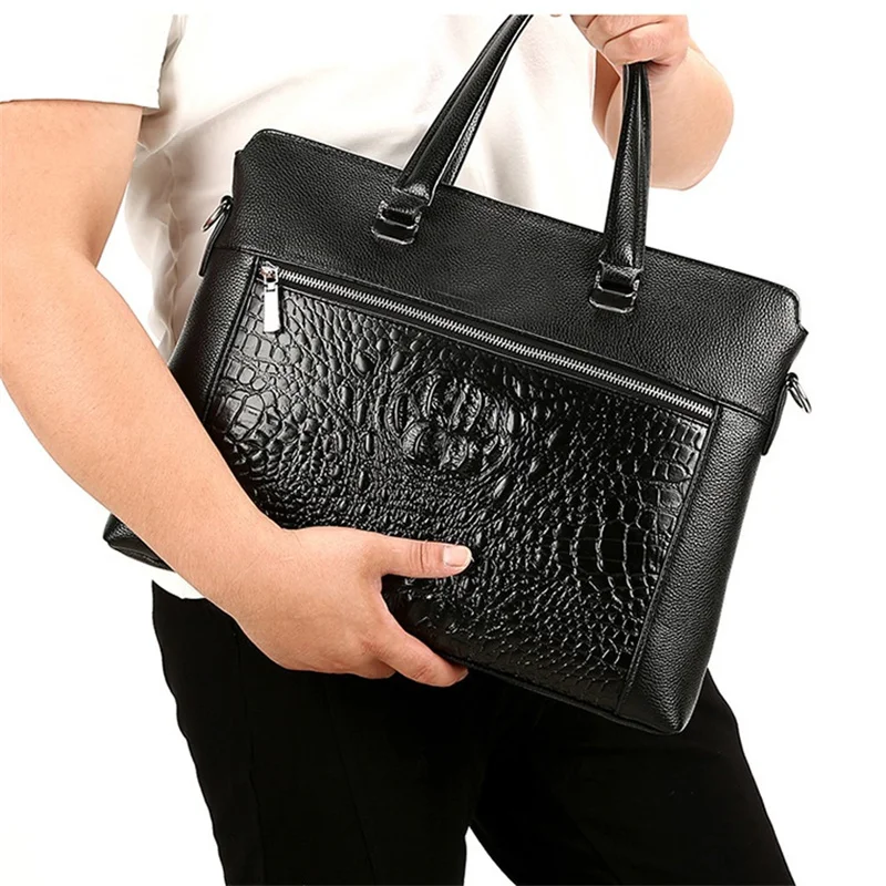 Borsa per laptop in vera pelle con motivo coccodrillo per uomo Valigetta multifunzionale in pelle di mucca Borsa da uomo d'affari nera o a tracolla