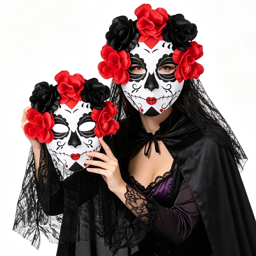 Máscara de novia fantasma del Día de Muertos con velo de encaje de rosas negras y rojas, pegatinas faciales de carnaval, máscaras para Halloween y fiestas de disfraces