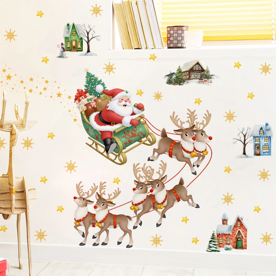 Whimsical Christmas Santa Sleigh Wall Stickers Removable Self-Adhesive Reindeer Mini Houses For Living Room Shop Entrance Decor