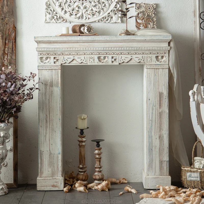 French fireplace decorative cabinet solid wood retro art old finished product villa simulation fake fireplace decoration shelf
