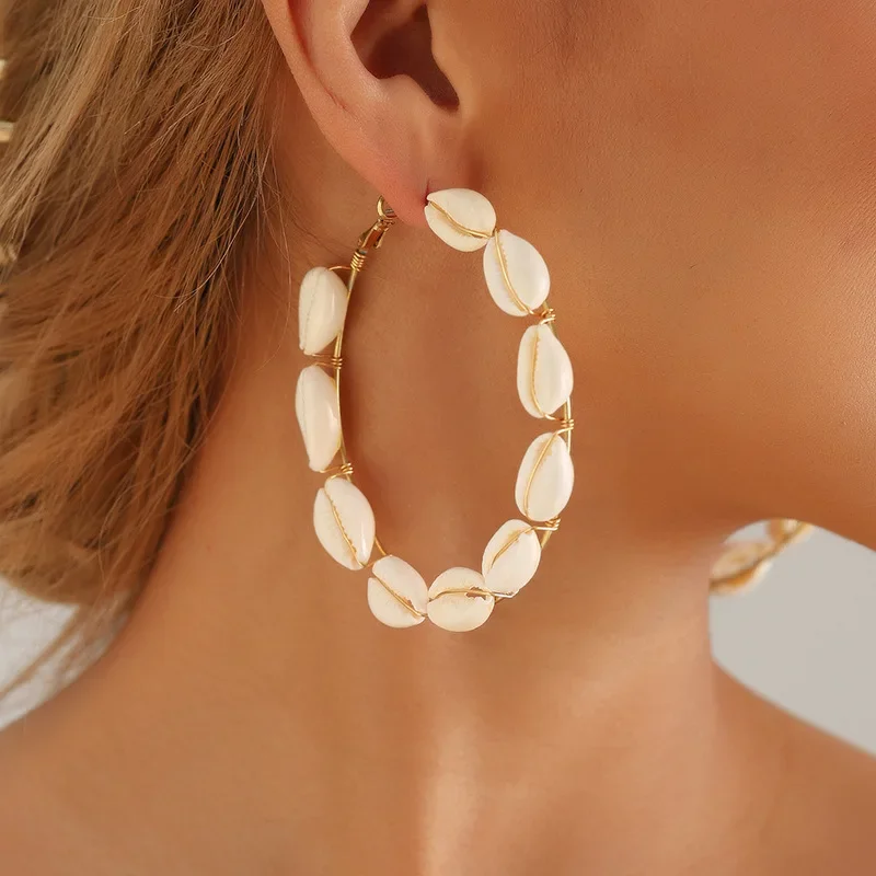 Hoop earrings Sea shell Originality Hand knitting Bohemia Alloy Tide Simple Beaded earrings