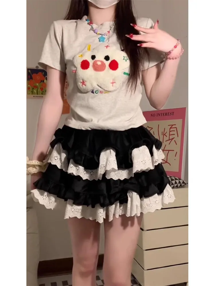 Bla encaje empalme pastel dobladillo ort falda mujer verano Y2K picante cintura alta adelgazamiento Anti-luz f falda viaje Sle