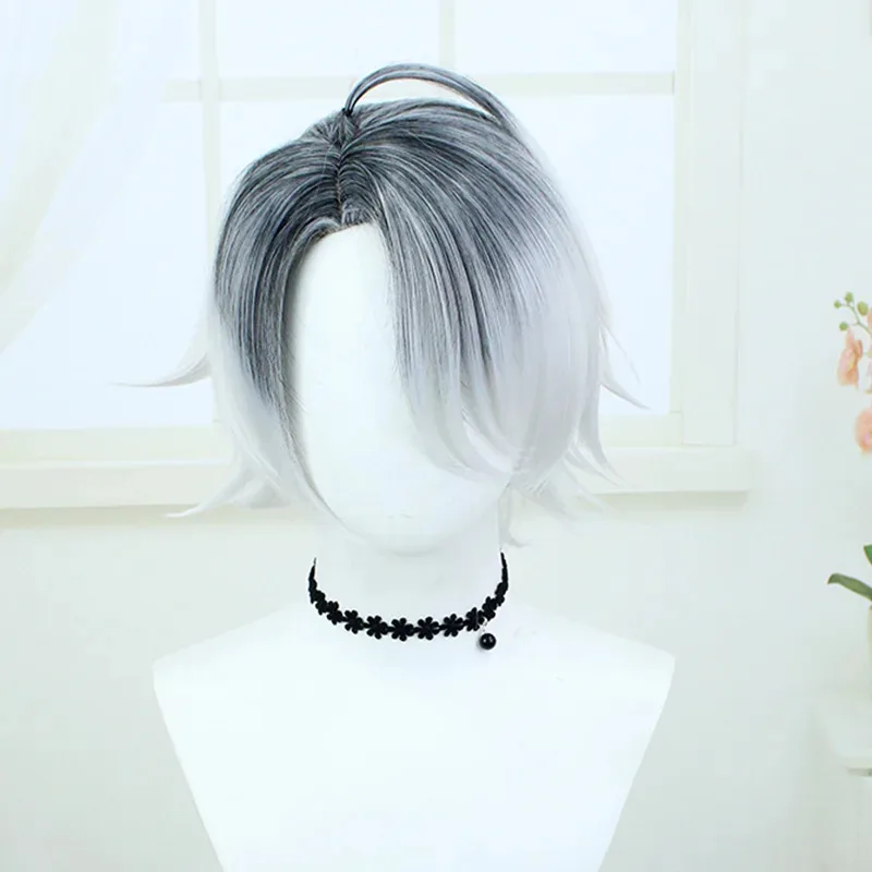 CyAda Mesmer Cosplay perruque Emil Cosplay perruque synthétique jeu identité V Cosplay blanc gris dégradé blanc cheveux courts