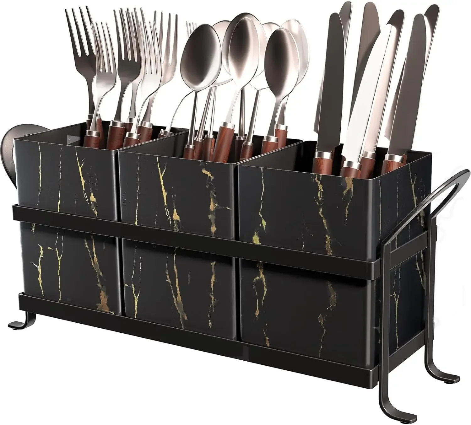 Classic Farmhouse Kitchen Organizer Exquisite Black Gold Marble Metal Silverware Caddy 3 Spacious Compartments Ideal for Cutlery