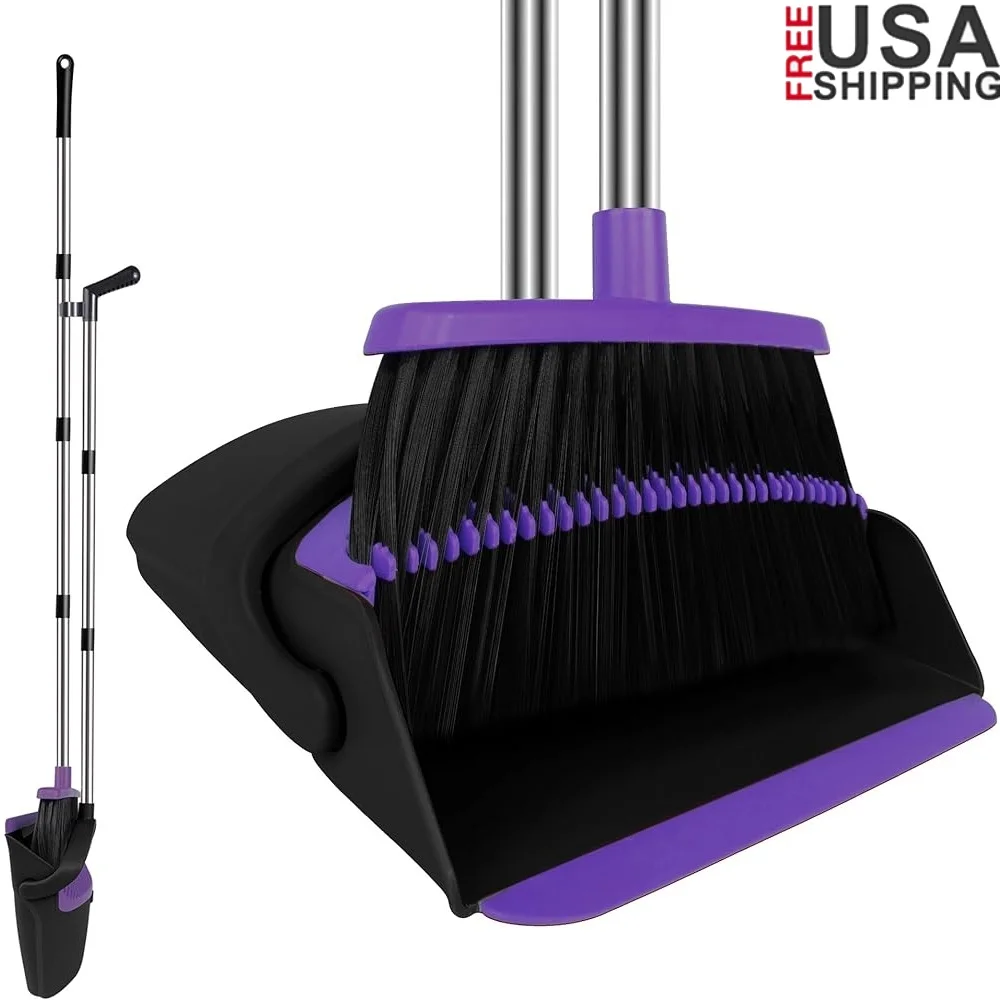 

Upright Broom and Dustpan Set Extendable Handle Self Cleaning Dust Pan Rubber Lip Dustpan Teeth Home Kitchen Office Use