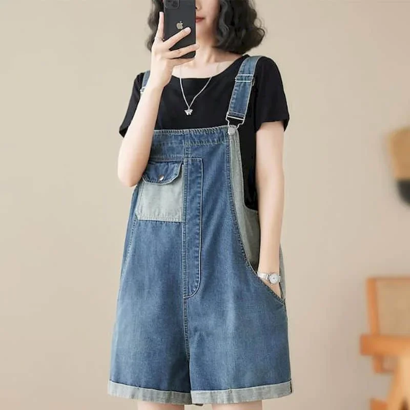 Celana Kodok Denim Vintage Korea Fashion Baju Monyet Patchwork Longgar Lebar Kaki Celana Pendek Kasual Baju One Piece Pakaian Pakaian Wanita