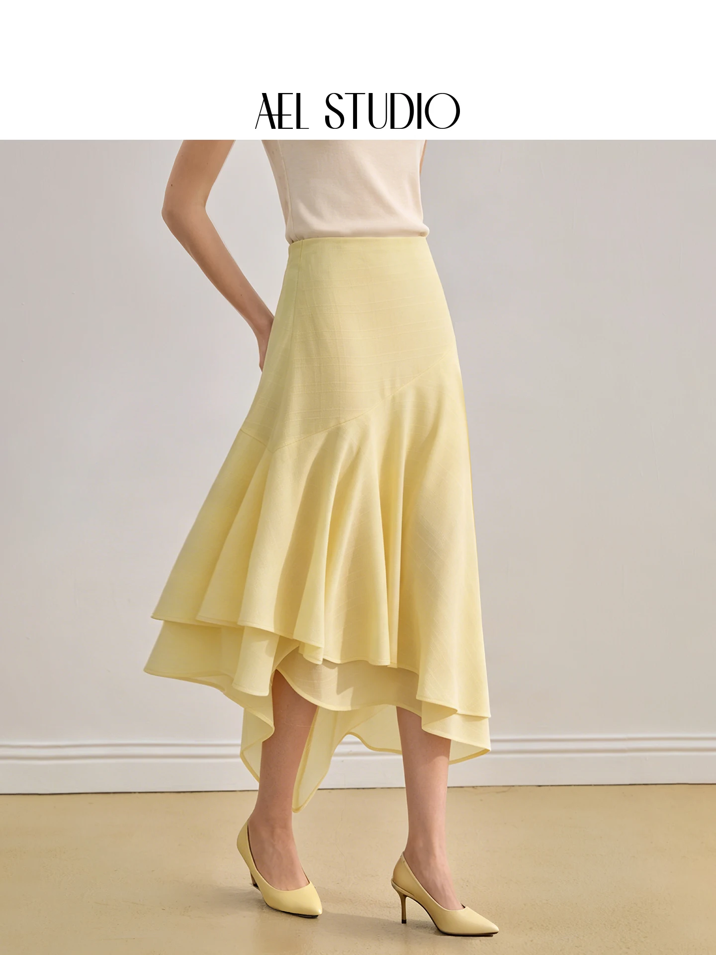 

Юбка AEL с асимметричным подолом для женщин, летняя, новая модель, маленький размер, элегантная желтая юбка во французском стиле, с высокой талией, из полиэстера