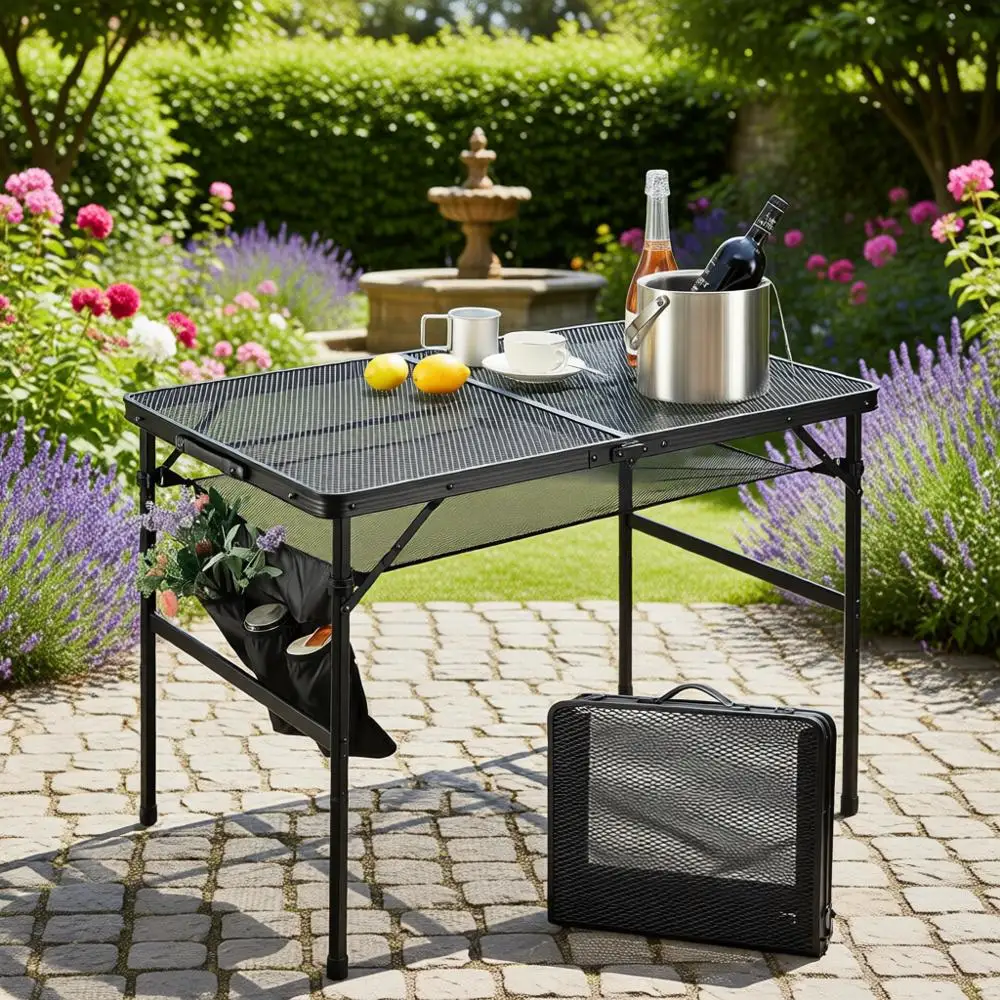 

Портативный складной металлический стол для кемпинга с сеткой, легкая подставка для гриля на открытом воздухе, регулируемая высота, средний размер (2.95 т, черный)