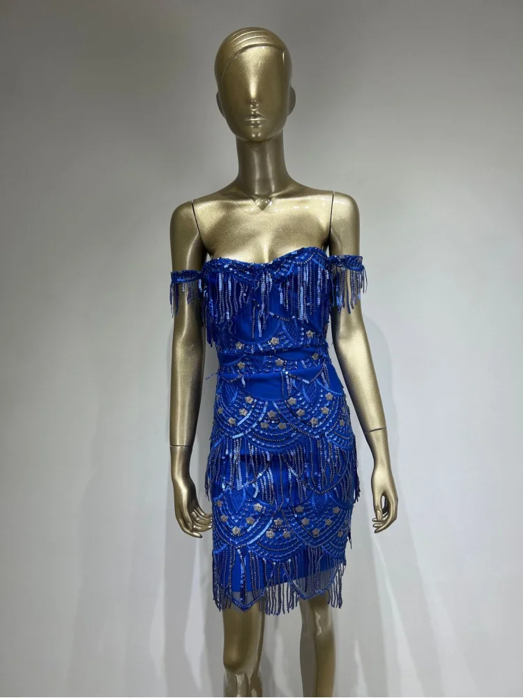 Popular Bandage Dress 2022 New European and American Fashion Blue Ethnic Style Beaded Tassel Party Dress