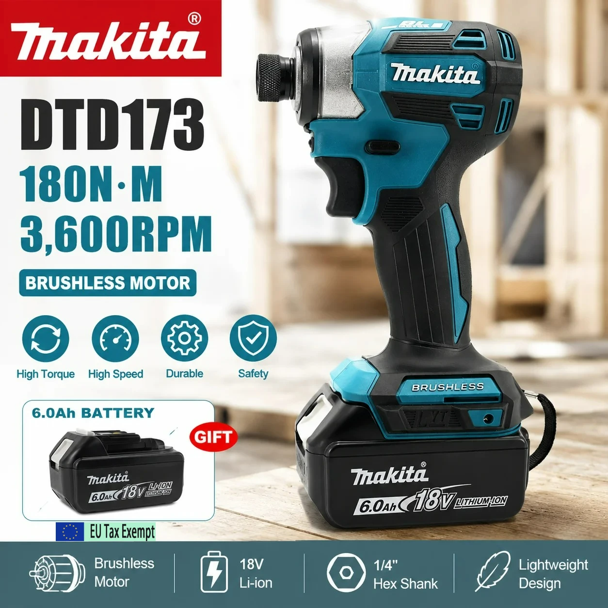 Makita DTD173 18V LXT Akku-Schlagschrauber Bürstenloser Elektrobohrer Schraubendreher Holz/Bolzen T1/T2-Modus Doppel-LED-Licht 180 N·m + Makita DTD173 18V Akku-Schlagschrauber LXT BL Bürstenloser