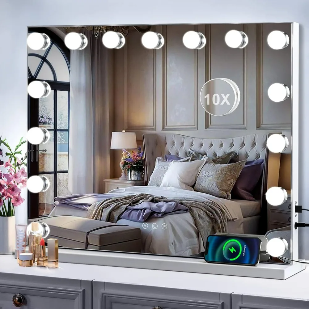 

Vanity Mirror with Lights,, 15 Bulbs 23 X18 Inch, USB Charging and 10x Magnification, Touchscreen 3 Lighting Modes Lighted