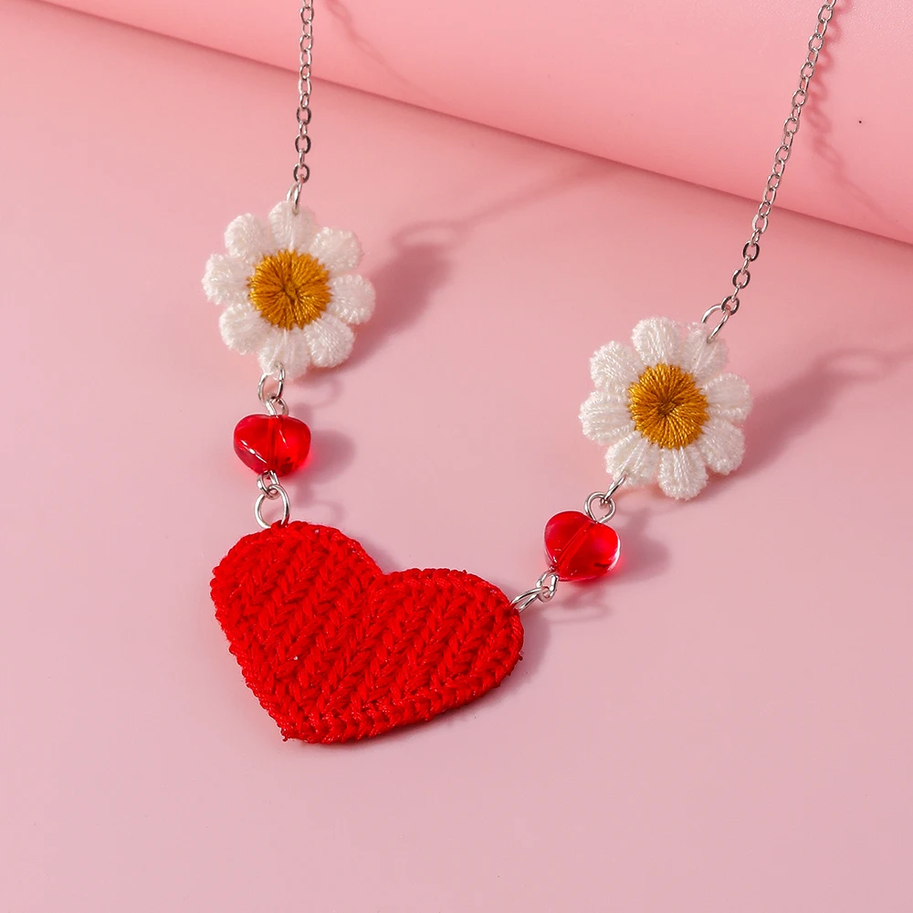 Modische Handgefertigte Gestrickte Herz-Blumen-Halskette für Frauen und Mädchen, Party- und Festivalschmuck, Geschenke – Detail 5