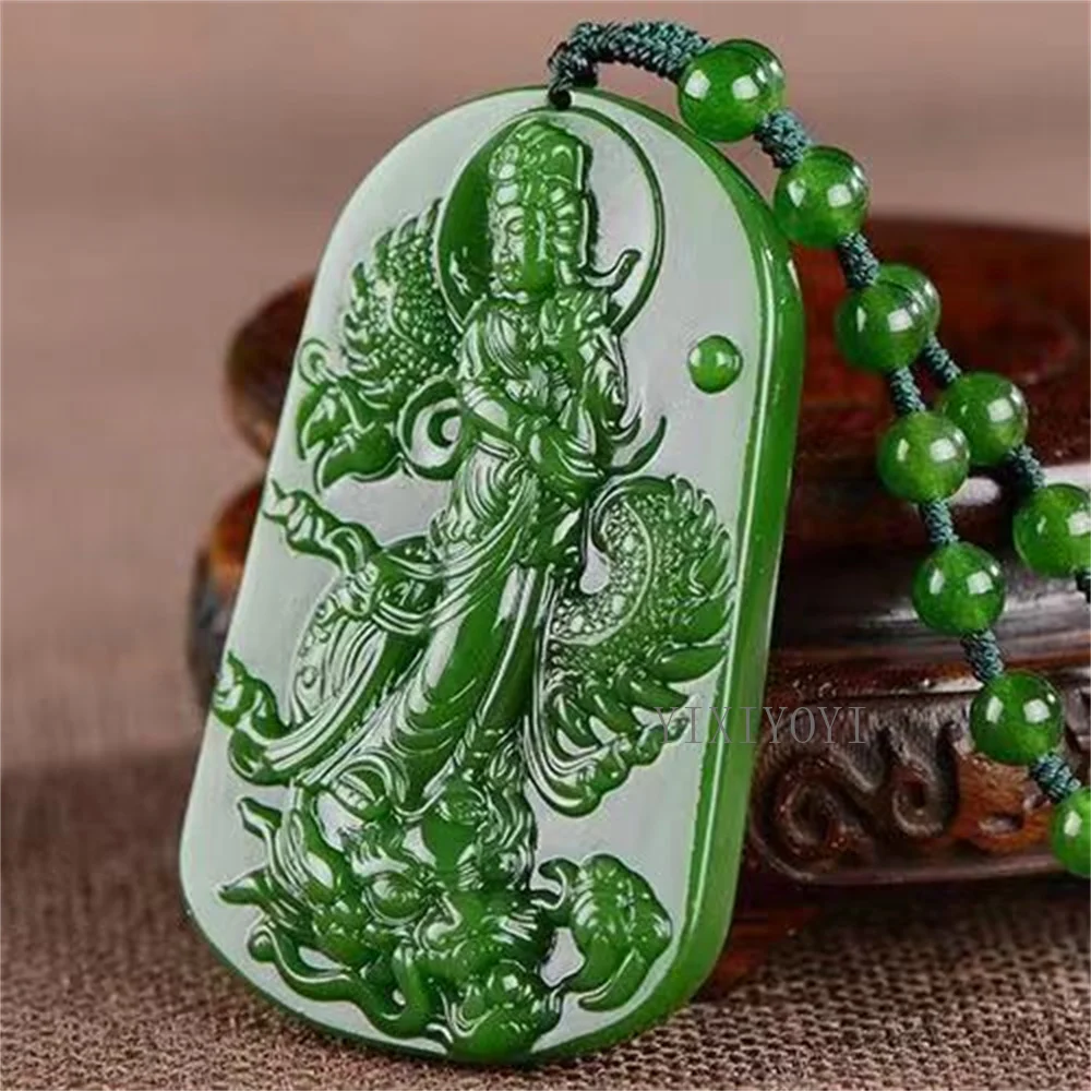 

Natural Green Jade Stone Carved Chinese Dragon GuanYin Buddha Lucky Pendant Charm Amulet Necklace Woman Man's Jade Jewelry Gift