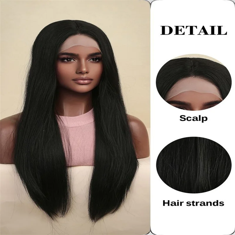 Soft Natural Black 26Inch Kinky Straight Lace Front Wig With Mached All Skins With Baby Hair Synthetic Preplucked Glueless Daily