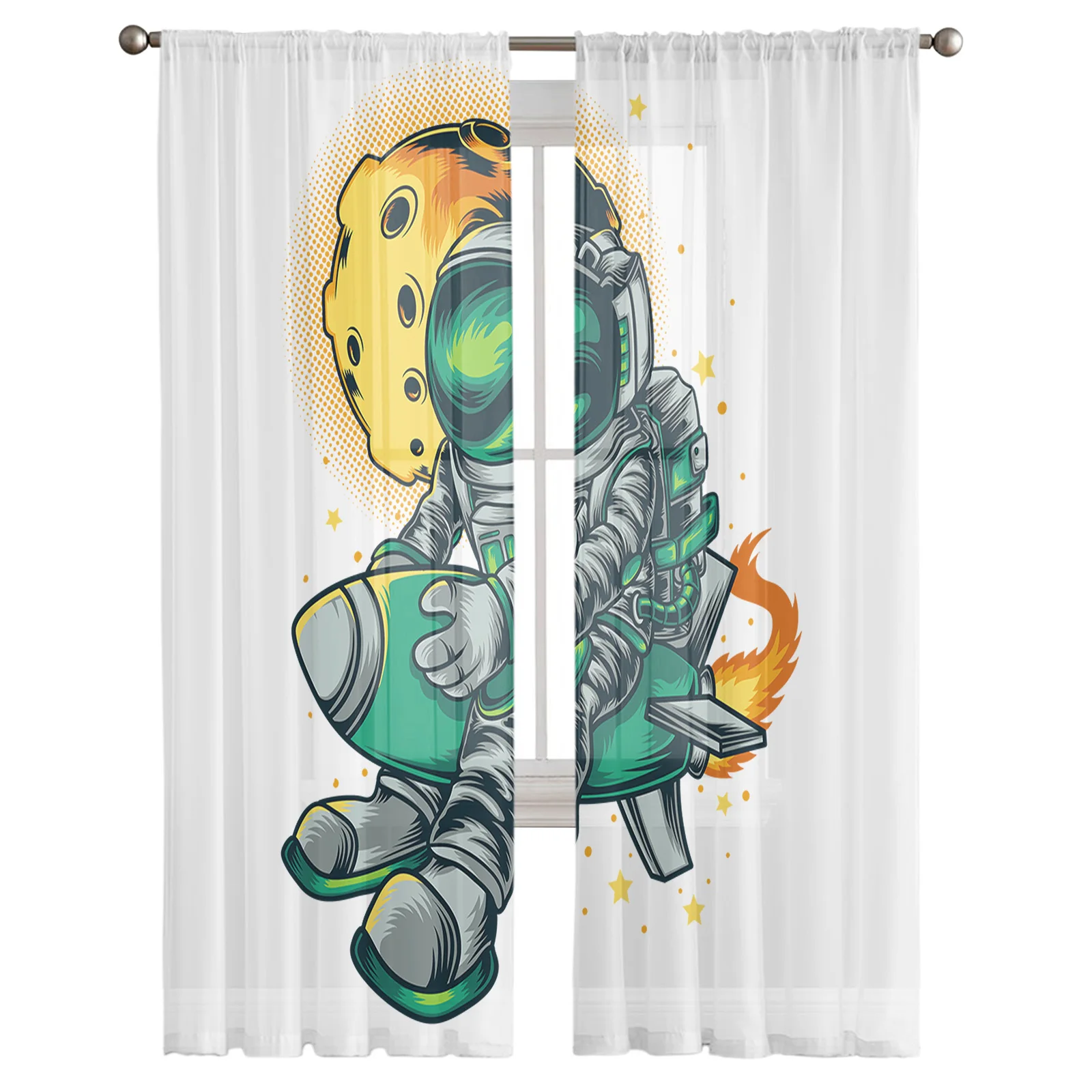 Astronaut Rocket Planet Illustration Chiffon Sheer Curtains for Living Room Bedroom Home Decor Window Voile Tulle Curtain Drapes