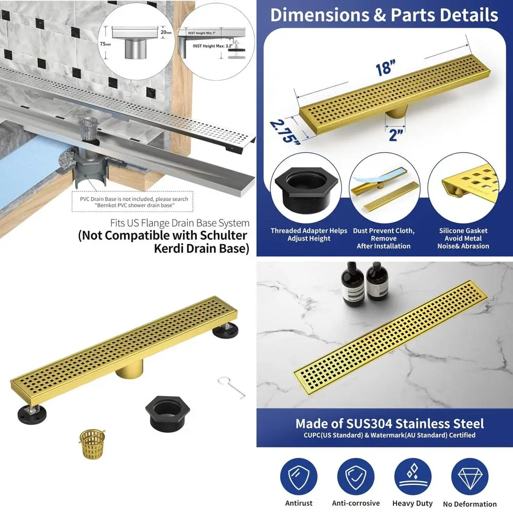 

18 Brushed Gold Rectangular Shower Drain with Grid Cover and Hair Strainer, 304 Stainless Steel, CUPC Certified