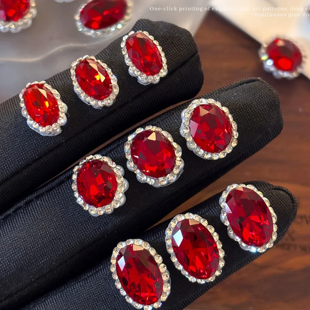 2PCS 3D Luxury Oval Zircon Nail Rhinestones Big Ruby Red Emerald Champagne Gems Silver Rim Crystal Charms Manicure Accessories