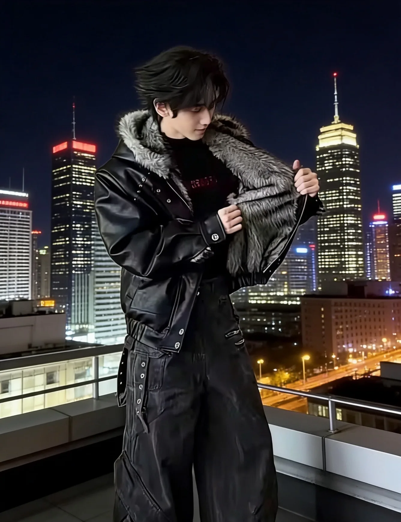 Y2K European American men's winter thickened coat leather lining hooded fur collar cotton coat youth trend classic black cool
