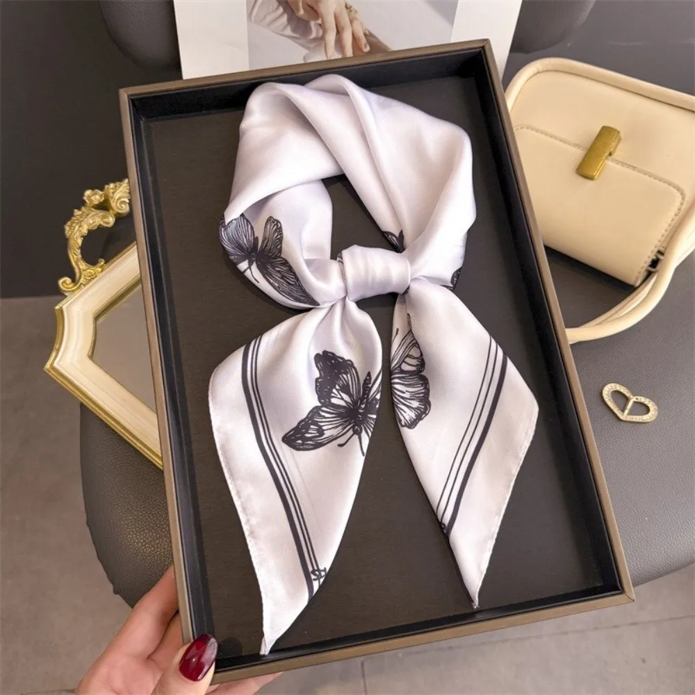 

Versatile Elegant Women Scarf Square Shape Butterfly Print Silk Scarf Silk Imitation Neckerchief Women Accessories