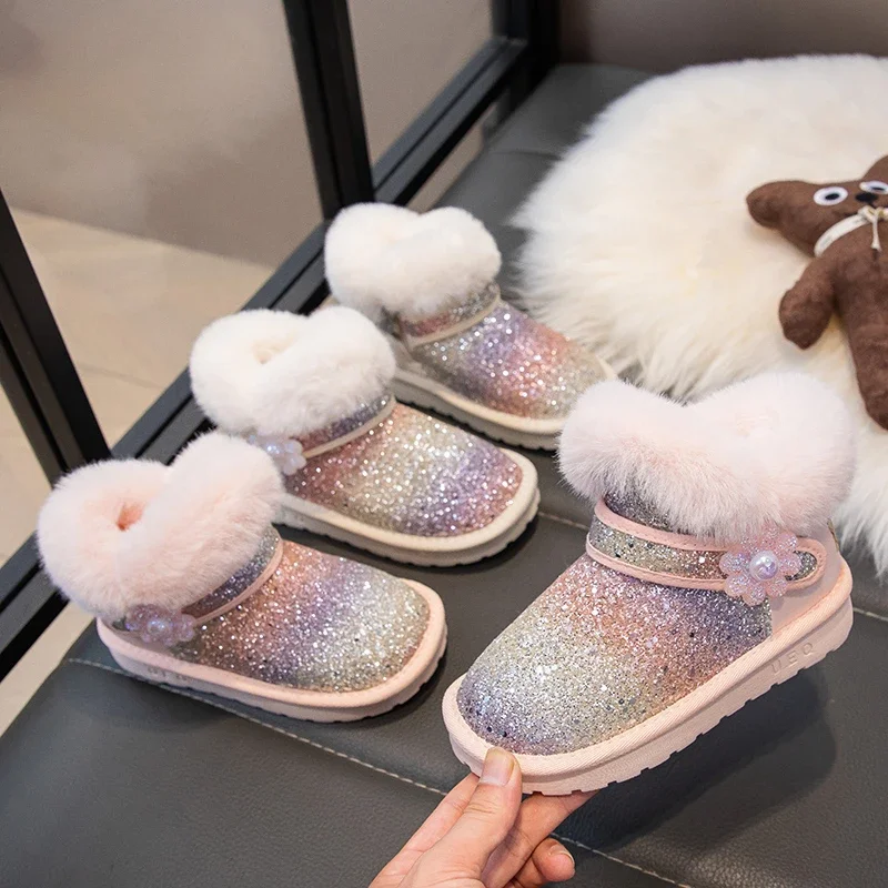 Toddler Girls Glitter Gradient Winter Snow Boots, Fluffy Plush Collar Pearl Flower Decoration Warm Anti‑Slip Kids Boots