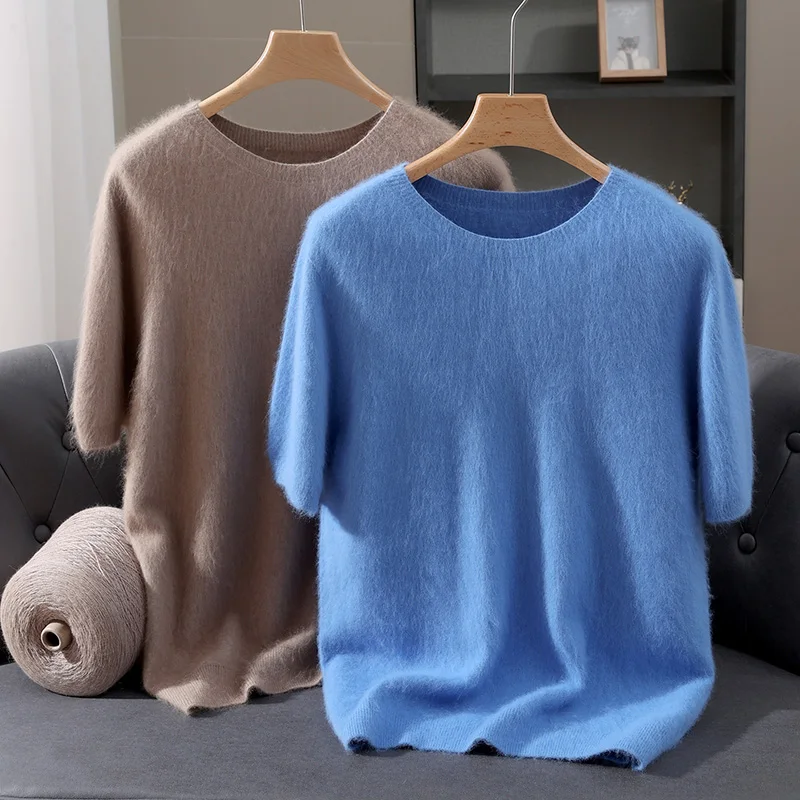 

Осенне-зимний пуловер с круглым вырезом из 100% чистой шерсти, контрастный, женский, свободный, с коротким рукавом, вязаный базовый джемпер