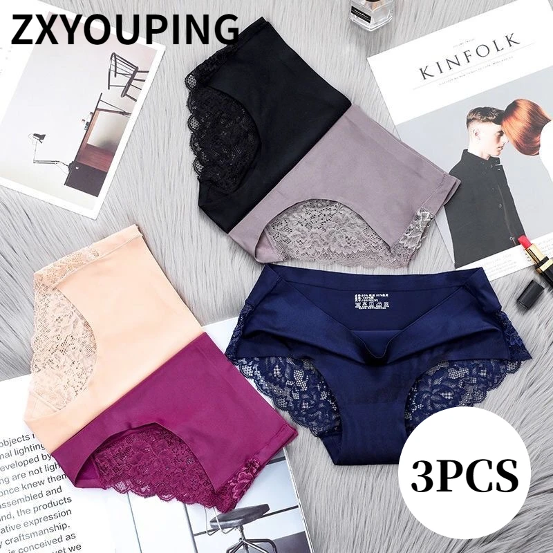 

3Pcs Sexy Lace Panties for Women Low-Rise Underwear Ice Silk Skin-Friendly Briefs Cozy Fashion Underpants Sweet Girl Panties