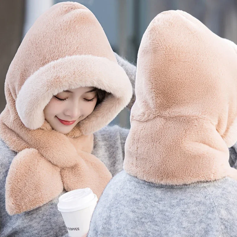 Winter Fur Cap Scarf Set Hooded for Women Knitted Cashmere Neck Warm Balaclava Ski Windproof Hat Thick Plush Fluffy Beanies Hood