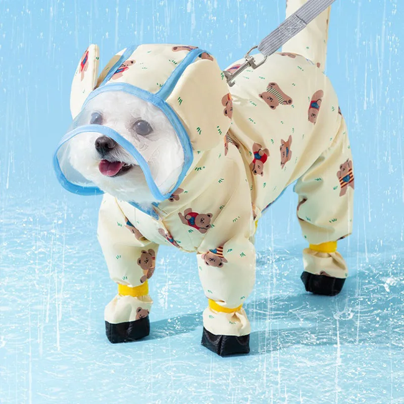 Pet Waterproof Clothes Summer Dog Raincoat Full Print Bear Four Legs All Inclusive Rain Poncho Teddy Cute Clothes