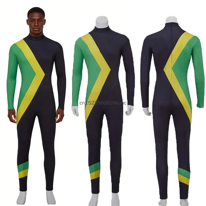 

Cool Running Costume Jamaica Bobsleigh Outfit For Men Black Jumpsuit Bodysuit Adult Halloween Carnival Party Cosplay Outfits