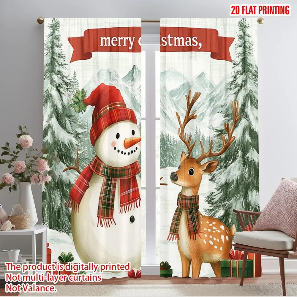 2pcs,2D plane printing Minimalist Curtains Cute Deer Snowman Christmas Winter (2) Durable 100% Polyester Fabric (without rod)
