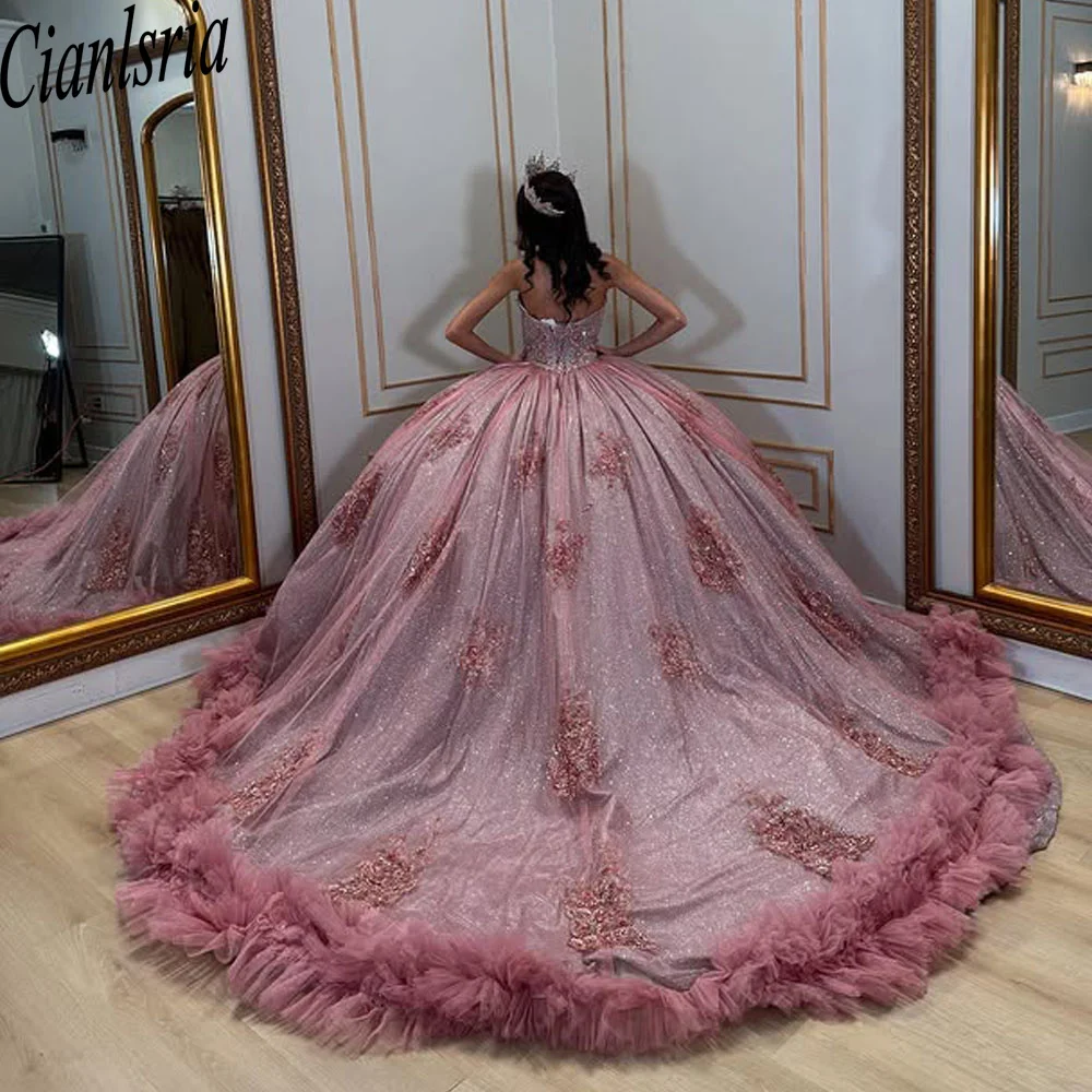 

Dark Pink Ball Gown Quinceanera Dress Shiny Lace Applique Beading Corset Sweet 16 Vestidos De 15 Anos Customized 2025