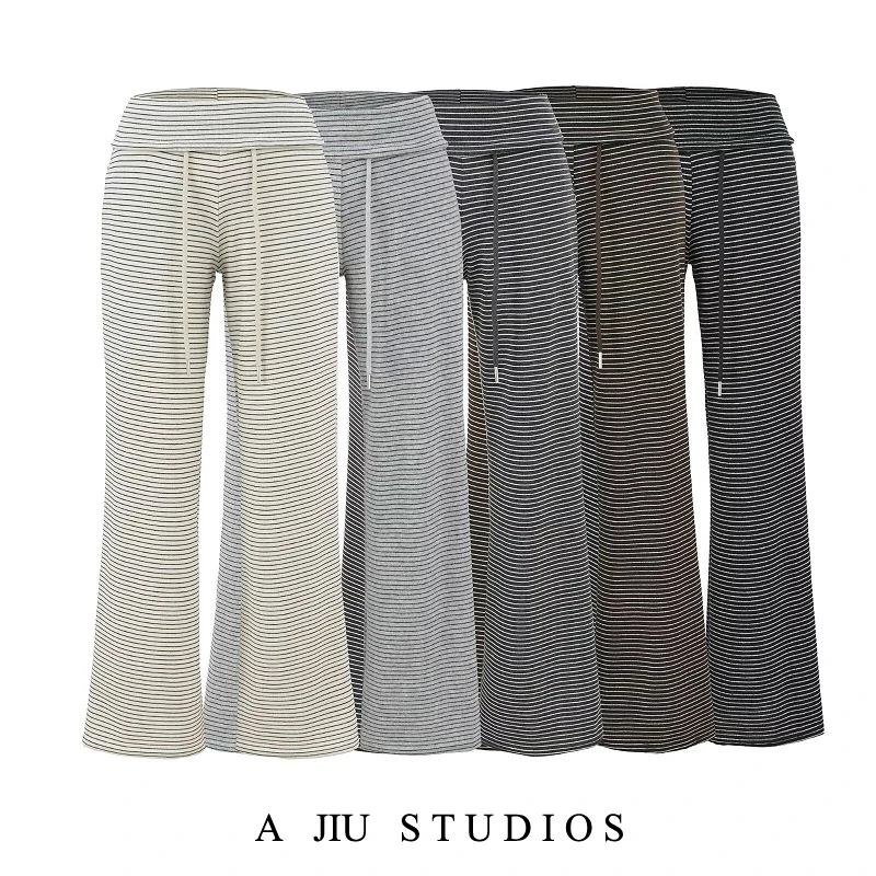 الرجعية Brued شريط Dstring سراويل تقليدية المرأة عالية الخصر مستقيم الساق التخسيس الطابق طول السراويل الخريف كسول Sle #1