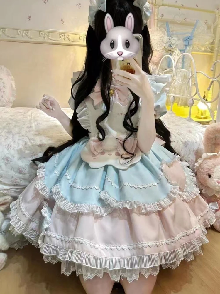 

2025 Summer Cute Lolita Lace Cat Dress Set Women Bow Suspender Apron Patchwork Suits Japanese Sweet Princess New Two-piece Set
