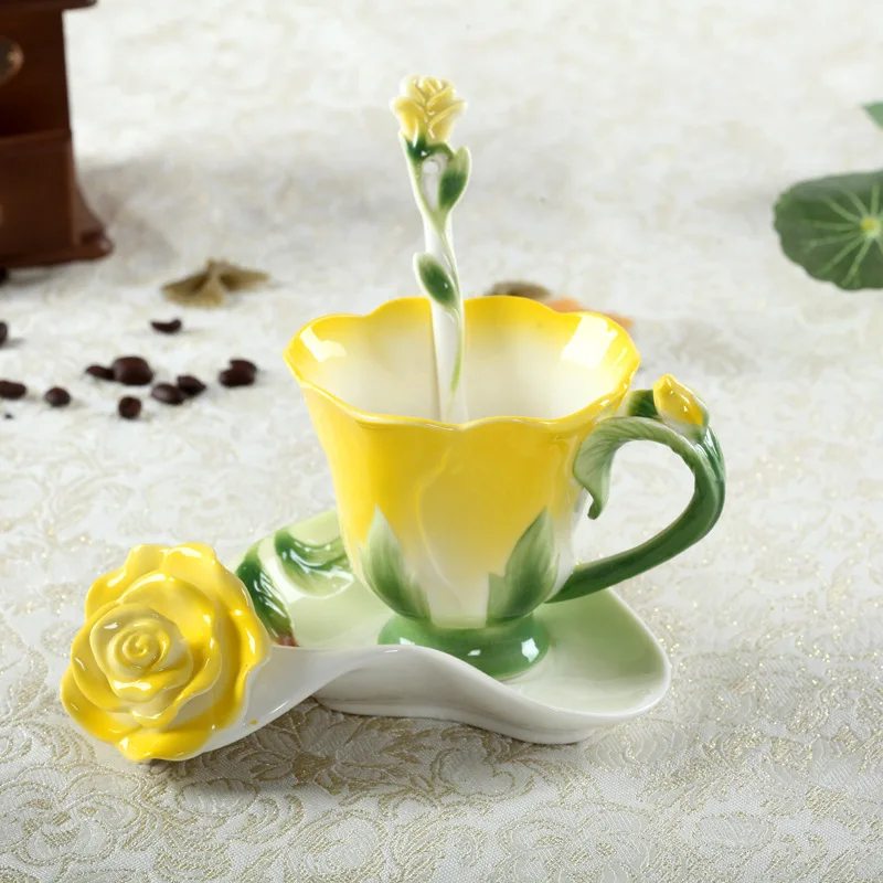 Chinese Colorful Ceramic Coffee Cup Saucer Enamel Flower Mug Wedding Gift Creative Afternoon Camellia Tea Cup Breakfast Milk Mug