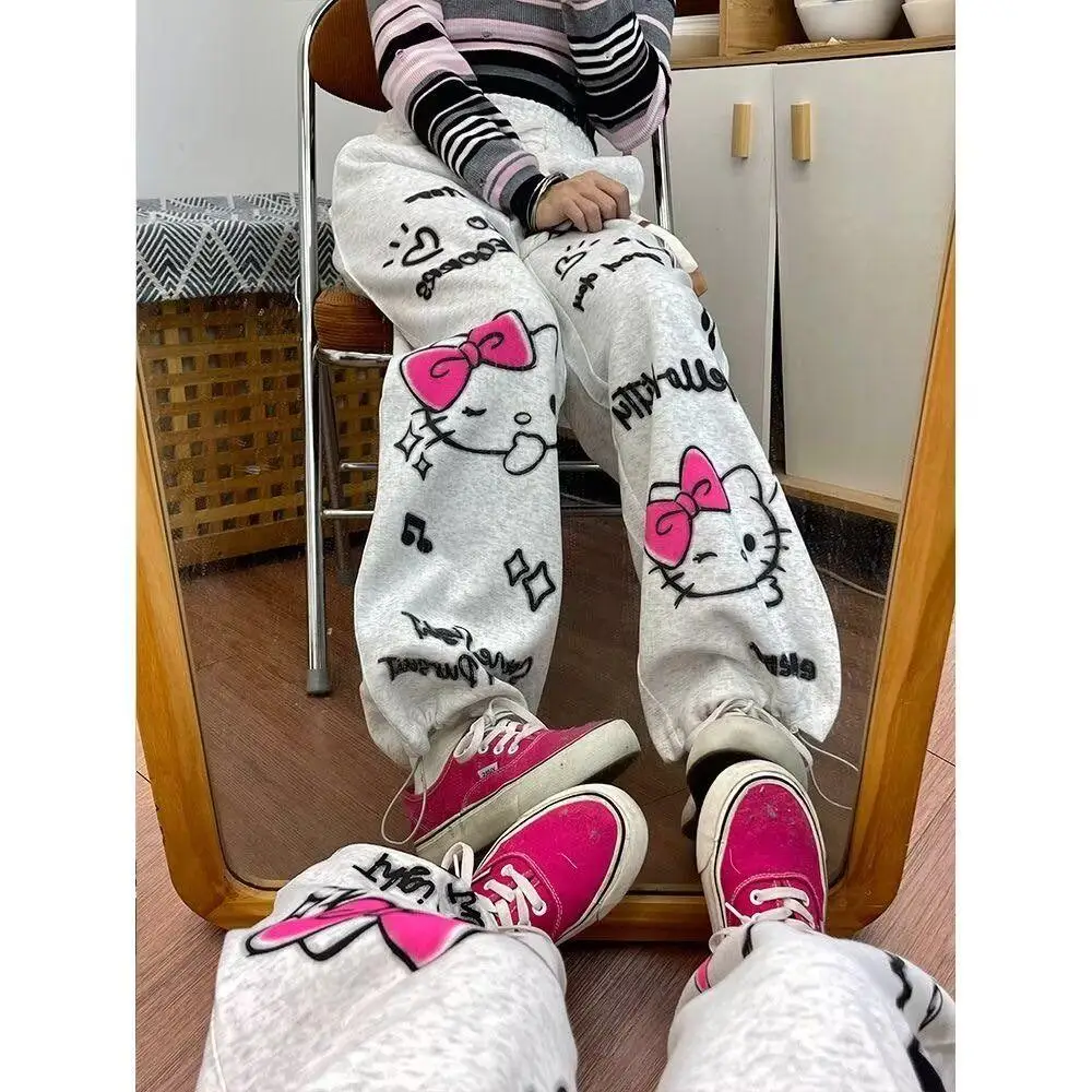 Hello Kitty Leg Tied Straight Leg 300 Pounds Loose Oversized Casual Pants Women Summer Graffiti Straight Leg High Waisted Pants