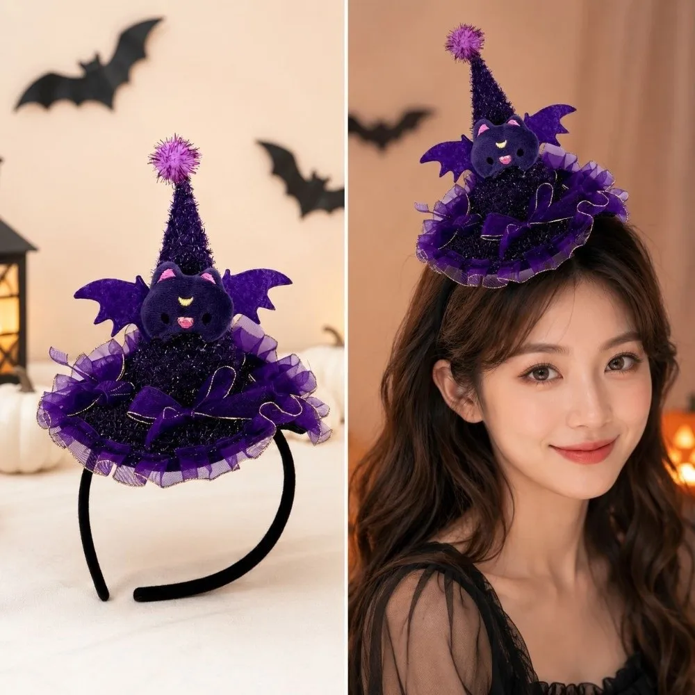 Lace Halloween Witch Hat Hair Hoop Flower Bow Halloween Party Hair Band Party Decor Hat Cartoon Halloween Headband